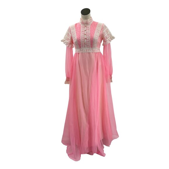 60s 70s Pink and Cream Lace Vintage Maxi-Gown Renaissance Cottagecore - Picture 2 of 12
